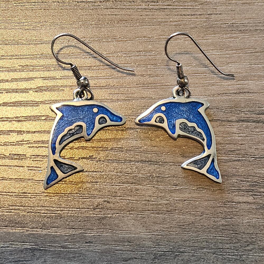 Vintage Mexican Silver Blue Dolphin Dangle Earrings